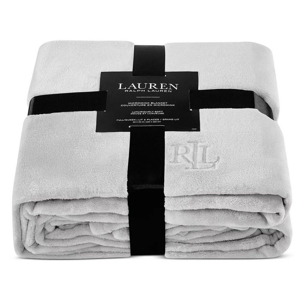 Ralph Lauren Classic Micromink Blanket Full/Queen Silver 90"x90" Light Grey Soft